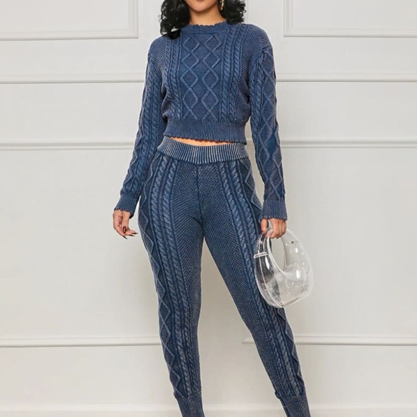 Vintage Rhombus Sweater Two Piece Set - Women's Autumn/Winter Knitted Crop Top + Pants - Slim Streetwear Matching Sets